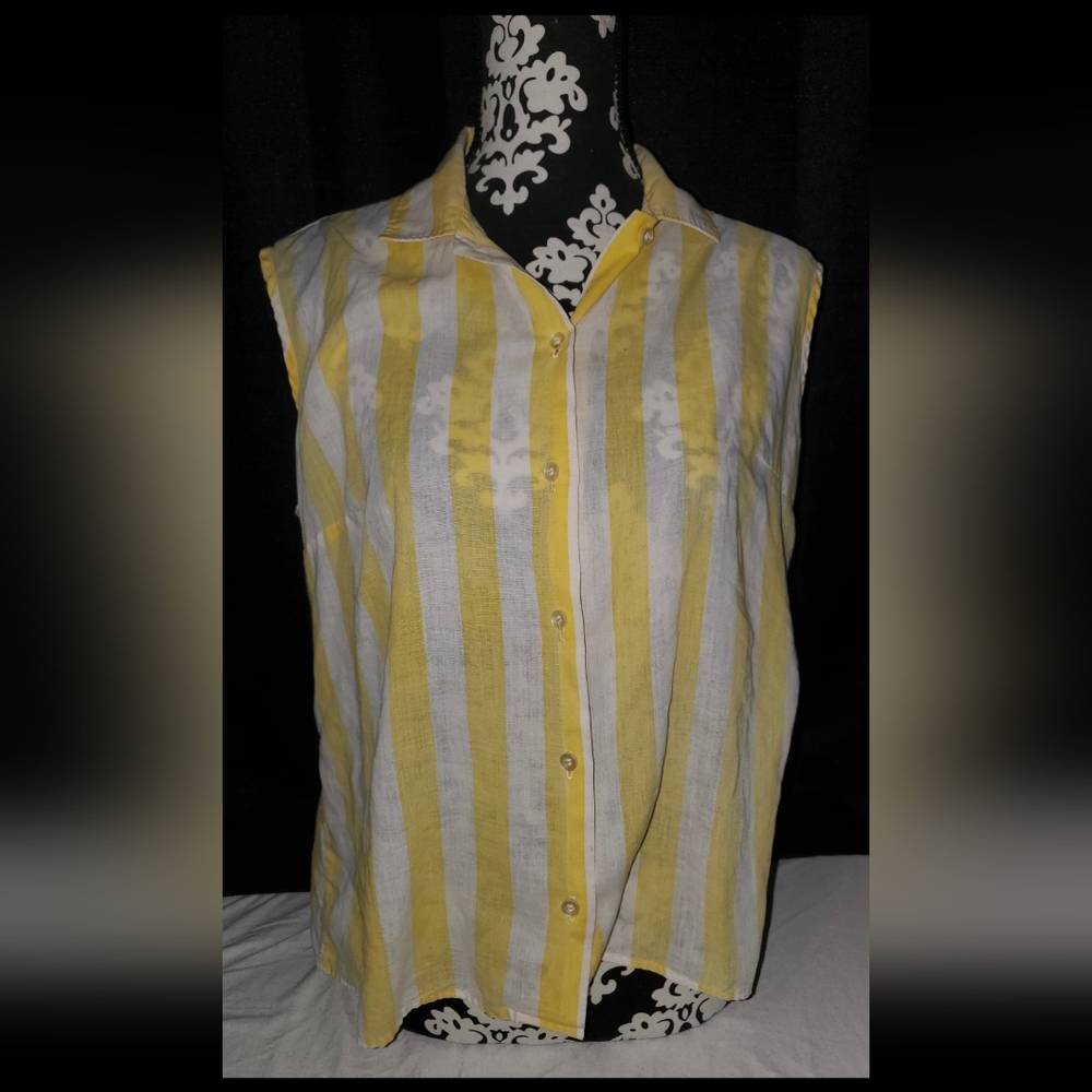 Vintage Yellow & White vertical stripe collared button down tank top SZ LG/18